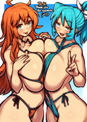 Rule 34 | 2girls, absurdres, ahoge, bare shoulders, bikini, blue background, blue bikini, blue eyes, blue hair, blush, bow, breasts, collarbone, commentary request, commission, english text, framed, from side, green eyes, hair bow, halterneck, heterochromia, highres, holding hands, large breasts, long hair, looking at viewer, multiple girls, navel, nikuatsu magician shinbo, open mouth, orange bikini, orange hair, original, ponytail, sidelocks, signature, simple background, skeb commission, smile, stomach, swimsuit, thank you, tongue, v, white bow, yellow eyes