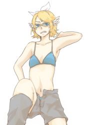 Rule 34 | 1girl, bad id, bad pixiv id, baggy shorts, bikini, bikini top only, bikini under clothes, blonde hair, bow, flat chest, glasses, hair bow, head wings, kagamine rin, laconia, midriff, noroi no megane (vocaloid), puffy shorts, short hair, shorts, solo, swimsuit, toothy grin, vocaloid, wings
