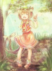 Rule 34 | 1girl, ^ ^, animal ears, bow, cat ears, cat tail, chen, closed eyes, dress, ear piercing, earrings, fang, grass, happy, hat, ibaraki natou, jewelry, long sleeves, mob cap, multiple tails, nekomata, open mouth, path, piercing, red dress, road, shirt, single earring, smile, solo, tail, touhou, tree, two tails