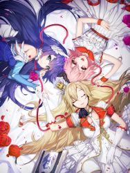 Rule 34 | 3girls, absurdres, bare shoulders, blonde hair, blue eyes, blue hair, bow, breasts, crown, detached sleeves, dress, closed eyes, flower, gloves, headgear, highres, horns, illusion connect, large breasts, long hair, multiple girls, necktie, nina (illusion connect), official art, petals, pink eyes, pink hair, rose, rose petals, saya (illusion connect), shield, short hair, short sleeves, sleeveless, very long hair, victoria (illusion connect), wrist cuffs, yamijam