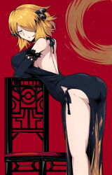 1girl ass bare_shoulders blonde_hair blush breasts chair china_dress chinese_clothes creatures_(company) cynthia_(pokemon) dress elbow_gloves game_freak gloves hair_ornament hair_over_one_eye highres large_breasts leaning_forward looking_at_viewer nintendo open_mouth pokemon pokemon_dppt shimure_(460) short_hair side_slit solo