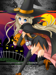 Rule 34 | 1girl, bad id, bad pixiv id, blonde hair, blue eyes, blush, buttons, cape, chon hi, dress, fang, halloween, hat, highres, jack-o&#039;-lantern, large buttons, little busters!, long hair, looking back, nakada rumi, noumi kudryavka, open mouth, pocket watch, pumpkin, silver hair, skirt, solo, standing, standing on one leg, thighhighs, watch, witch
