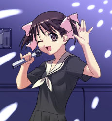 Rule 34 | 00s, 1girl, black hair, bow, breasts, dress, female focus, fukuzawa yumi, hair bow, hair ornament, hands up, holding, indoors, karaoke, looking at viewer, maria-sama ga miteru, microphone, music, one eye closed, open mouth, pink bow, sailor collar, school uniform, short hair, short sleeves, singing, small breasts, smile, solo, twintails, upper body, wink