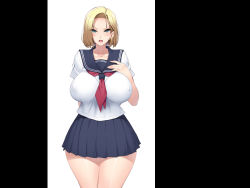 Rule 34 | 1girl, android 18, angry, blonde hair, blue eyes, blush, breasts, covered erect nipples, dragon ball, dragonball z, earrings, highres, huge breasts, jewelry, legs, looking at viewer, mochi kuu usagi, open mouth, school uniform, short hair, simple background, skirt, solo, standing, thighs