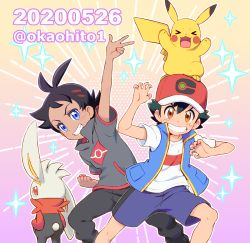 Rule 34 | 2boys, arm up, artist name, ash ketchum, baseball cap, blue eyes, brown eyes, clenched teeth, commentary request, creatures (company), game freak, gen 1 pokemon, gen 8 pokemon, goh (pokemon), hair between eyes, hair ornament, hat, knees, looking at viewer, male focus, multiple boys, nintendo, okaohito1, on head, pikachu, pokemon, pokemon (anime), pokemon (creature), pokemon journeys, pokemon on head, raboot, shirt, short sleeves, shorts, sleeveless, sleeveless jacket, smile, sparkle, teeth, w, watermark, white shirt