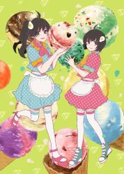 Rule 34 | 2girls, :d, ahoge, alternate costume, apron, araragi karen, araragi tsukihi, black hair, blue shirt, blue skirt, bow, bowtie, closed mouth, egg hair ornament, food, food-themed hair ornament, frilled apron, frills, full body, green background, grey eyes, hair ornament, hands up, high heels, highres, holding, ice cream, long hair, looking at viewer, maid, maid apron, monogatari (series), multiple girls, open mouth, patterned clothing, pink bow, pink bowtie, pink footwear, pink shirt, pink skirt, ponytail, puffy short sleeves, puffy sleeves, sandals, shirt, shoes, short hair, short sleeves, siblings, sisters, skirt, smile, sneakers, standing, standing on one leg, swept bangs, thighhighs, valhalla0707, white apron, white thighhighs, yellow bow, yellow bowtie