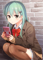 Rule 34 | 10s, 1girl, :o, aqua hair, blazer, blush, brown eyes, brown skirt, brown thighhighs, cellphone, commentary request, hair ornament, hairclip, highres, jacket, kantai collection, kumamon, long hair, long sleeves, looking at viewer, phone, pleated skirt, school uniform, skirt, sleeves past wrists, solo, squatting, suzuya (kancolle), thighhighs, umakuchi shouyu (into-rain)