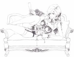 Rule 34 | 1girl, alcohol, breasts, champagne, cleavage, cushion, female focus, garter belt, gun, handgun, jewelry, legs, lingerie, long hair, lupin iii, lying, mauser c96, mine fujiko, monochrome, necklace, panties, solo, thighhighs, tms entertainment, underwear, unfinished, weapon
