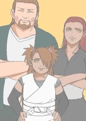 Rule 34 | 1boy, 2girls, akimichi chouchou, akimichi chouji, cheek swirl, crossed arms, dark skin, family, father and daughter, hair over one eye, hands on own hips, husband and wife, karui (naruto), mother and daughter, multiple girls, naruto, naruto (series), simple background, yellow eyes