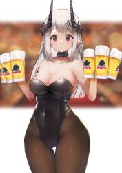 Rule 34 | 1girl, areola slip, arknights, bare arms, bare shoulders, beer mug, big bob (arknights), black choker, black leotard, blurry, bokeh, breasts, brown pantyhose, choker, cleavage, commentary, covered navel, cowboy shot, cup, depth of field, grey hair, highleg, highleg leotard, horns, large breasts, leotard, long hair, looking at viewer, material growth, mudrock (arknights), mug, oripathy lesion (arknights), pantyhose, pointy ears, red eyes, revision, solo, standing, strapless, strapless leotard, thigh gap, thighs, white background, yuzuruka (bougainvillea)