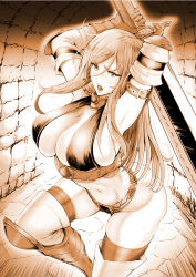 Rule 34 | 1girl, arm strap, armor, armored boots, armpits, arms up, bad id, bad pixiv id, bikini armor, blush, boots, breasts, cleavage, cowboy shot, elbow gloves, gloves, greaves, holding, holding sword, holding weapon, huge weapon, incoming attack, large breasts, long hair, looking at viewer, monochrome, navel, open mouth, original, piston ring, solo, stomach, sword, thigh boots, thighhighs, weapon