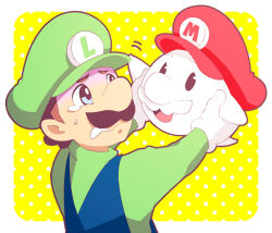 Rule 34 | 2boys, black eyes, blouse, blue eyes, blue overalls, boo mario, border, brothers, brown hair, facial hair, ghost-pepper, gloves, green hat, green shirt, green sweater, hat, holding, luigi, mario, mario (series), motion lines, multiple boys, mustache, nintendo, nose, outside border, overalls, polka dot, polka dot background, red headwear, scared, shirt, siblings, smile, super mario galaxy, sweater, teardrop, tearing up, tongue, waving, wavy mouth, white border, white gloves