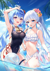 Rule 34 | 2girls, :d, absurdres, ahoge, arm up, armpits, ayaka (genshin impact), backless swimsuit, ball, bangle, bare arms, bare shoulders, beachball, bell, bikini, black one-piece swimsuit, blue eyes, blue hair, blue sky, blunt bangs, blunt tresses, blush, bracelet, breasts, cleavage, covered navel, cowboy shot, day, flower, flower knot, food, ganyu (genshin impact), genshin impact, goat horns, hair flower, hair ornament, halterneck, hand up, highleg, highleg swimsuit, highres, holding, holding ball, holding beachball, holding food, horns, innertube, jewelry, lalazyt, large breasts, light blue hair, long hair, looking at viewer, medium breasts, multiple girls, navel, neck bell, one-piece swimsuit, open mouth, outdoors, partially underwater shot, ponytail, popsicle, purple eyes, rainbow, sidelocks, skindentation, sky, smile, stomach, swim ring, swimsuit, tassel, thigh strap, wading, water, water drop, wet, wet clothes, wet swimsuit, white bikini, white hair