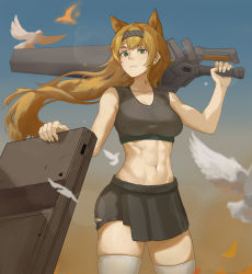 Rule 34 | 1girl, absurdres, animal ears, arknights, bare arms, bare shoulders, bird, black hairband, black shirt, black skirt, blonde hair, commentary request, cowboy shot, crop top, floating hair, green eyes, hairband, highres, holding, holding sword, holding weapon, horn (arknights), long hair, midriff, miniskirt, navel, over shoulder, pale laomo, partial commentary, shirt, skirt, skirt set, sleeveless, sleeveless shirt, solo, standing, stomach, sword, thighhighs, thighs, very long hair, weapon, weapon over shoulder, white thighhighs, wolf ears