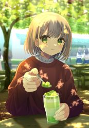Rule 34 | 1girl, blush, cup, day, feeding, food, fruit, grapes, green eyes, highres, holding, looking at viewer, mizuki (lvo0x0ovl), pov, sitting, smile, solo, spoon, sunlight, sweater, table, tree, white hair
