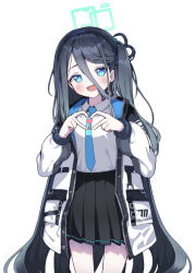 Rule 34 | 1girl, :d, absurdres, aris (blue archive), black hair, black hairband, black skirt, blue archive, blue eyes, blue necktie, blush, breasts, collared shirt, hair between eyes, hairband, halo, hands up, heart, heart hands, highres, jacket, long hair, long sleeves, looking at viewer, necktie, one side up, open clothes, open jacket, open mouth, pleated skirt, puffy long sleeves, puffy sleeves, shirt, simple background, skirt, small breasts, smile, solo, sprout (haji s), standing, very long hair, white background, white jacket, white shirt