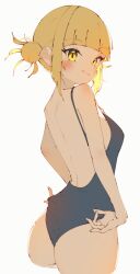 Rule 34 | 1girl, adjusting clothes, adjusting swimsuit, ass, bare shoulders, black one-piece swimsuit, blonde hair, blunt bangs, blush, boku no hero academia, breasts, closed mouth, cropped legs, fang, from behind, highres, looking at viewer, looking back, medium breasts, messy hair, one-piece swimsuit, rasusurasu, sketch, skin fang, strap gap, swimsuit, toga himiko, wedgie, yellow eyes