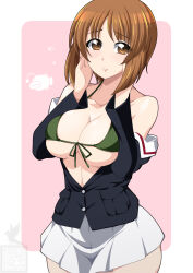 Rule 34 | 1girl, adapted costume, anglerfish, artist logo, bikini, bikini under clothes, blue jacket, blush, breasts, brown eyes, brown hair, cleavage, closed mouth, commentary, cowboy shot, emblem, fish, flying, front-tie bikini top, front-tie top, girls und panzer, green bikini, halterneck, hands on own face, highres, ichijou takakiyo, jacket, large breasts, long sleeves, looking at viewer, microskirt, military uniform, nishizumi miho, off shoulder, ooarai military uniform, partially unbuttoned, pink background, pleated skirt, rounded corners, short hair, skirt, smile, solo, standing, swimsuit, uniform, white skirt