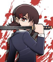 Rule 34 | 1girl, barbell piercing, blood, blood splatter, brown hair, chainsaw man, collared shirt, covering own mouth, ear piercing, formal, hair over one eye, higashiyama kobeni, highres, holding, holding sword, holding weapon, industrial piercing, katana, kermittend, looking at viewer, medium hair, mole, mole under eye, piercing, red eyes, shadow, shirt, short ponytail, simple background, single sidelock, solo, suit, swept bangs, sword, weapon, white background, white shirt