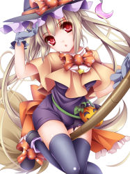 Rule 34 | 1girl, black thighhighs, blonde hair, blush, bow, broom, broom riding, crescent, gloves, halloween, hat, highres, jack-o&#039;-lantern, long hair, looking at viewer, monety, open mouth, original, pumpkin, red eyes, solo, star (symbol), thighhighs, twintails, witch hat