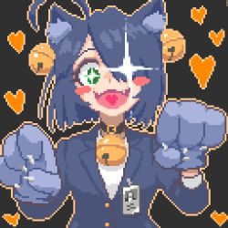 Rule 34 | + +, 1girl, ahoge, animal ears, bell, neck bell, blush, blush stickers, cat ears, collar, fangs, green eyes, halloween, hcnone, heart, id card, long sleeves, looking at viewer, office lady, open mouth, original, pixel art, smile, solo, upper body