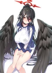 Rule 34 | 1girl, black choker, black hair, black wings, blue archive, blush, breasts, choker, feathered wings, gym uniform, hair between eyes, hasumi (blue archive), hasumi (track) (blue archive), highres, jacket, large breasts, large wings, long hair, looking at viewer, moeki yuuta, mole, mole under eye, official alternate costume, partially unzipped, ponytail, red eyes, shirt, sitting, solo, sportswear, track jacket, very long hair, white background, white shirt, wings