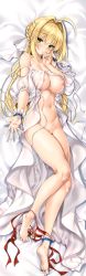 Rule 34 | absurdres, ahoge, anklet, barefoot, bikini, bikini bottom only, bikini pull, blonde hair, blush, bottomless, bracelet, braid, breasts, cle masahiro, clothes pull, dakimakura (medium), earrings, fate/grand order, fate (series), feet, full body, green eyes, groin, hair intakes, hair ribbon, hand to own mouth, highres, huge filesize, jewelry, large breasts, long hair, looking at viewer, navel, nero claudius (fate), nero claudius (fate) (all), nero claudius (swimsuit caster) (fate), nero claudius (swimsuit caster) (third ascension) (fate), nipples, outstretched hand, ribbon, scan, side-tie bikini bottom, single earring, solo, spread toes, strap slip, striped bikini, striped bikini bottom, striped clothes, swimsuit, toes, untied bikini
