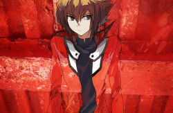 Rule 34 | 1boy, black shirt, brown eyes, brown hair, facing viewer, jacket, leaning back, looking to the side, male focus, moribuden, open clothes, open jacket, popped collar, red background, red jacket, shirt, yu-gi-oh!, yu-gi-oh! gx, yuki judai