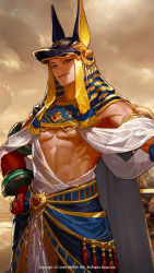 Rule 34 | 1boy, abs, absurdres, armband, belt collar, biceps, cloud, cloudy sky, collar, eftd01, egyptian, egyptian clothes, gold, hand on own hip, helmet, highres, looking at viewer, male focus, muscular, muscular male, original, pectorals, red eyes, skirt, sky, smile, solo, teeth, underpec, wristband