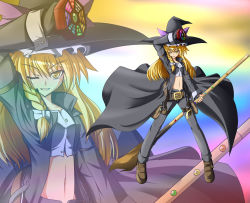 Rule 34 | 1girl, alternate weapon, arc system works, belt, blonde hair, bow, braid, broom, coat, cosplay, guilty gear, hagami495, hair bow, hat, highres, johnny (guilty gear), johnny (guilty gear) (cosplay), kirisame marisa, long hair, mini-hakkero, navel, one eye closed, open clothes, open coat, smile, solo, touhou, weapon, witch hat, yellow eyes