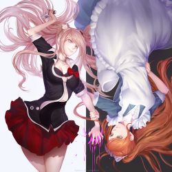 Rule 34 | 2girls, black bra, blood, blue eyes, bow, bra, breasts, brown hair, cleavage, commentary, danganronpa: trigger happy havoc, danganronpa (series), danganronpa 3 (anime), dress, english commentary, enoshima junko, green eyes, hair ornament, hand on own hip, highres, katorius, knife, long hair, maid, medium breasts, multiple girls, nail polish, necktie, pink blood, pink hair, ponytail, red bow, red nails, red skirt, rotational symmetry, school uniform, skirt, sleeves rolled up, smile, spoilers, twintails, underwear, yukizome chisa