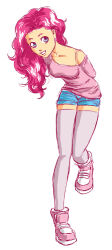Rule 34 | 1girl, arms behind back, arucardpl, blue eyes, bra strap, denim, denim shorts, grey thighhighs, leaning forward, looking at viewer, my little pony, my little pony: friendship is magic, off shoulder, personification, pink footwear, pink hair, pink shirt, pinkie pie, pinkie pie (bishoujo), shirt, shorts, smile, socks, thighhighs, wavy hair