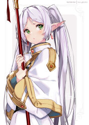 Rule 34 | 1girl, :/, capelet, closed mouth, commentary, dress, earrings, elf, frieren, glint, gold trim, green eyes, grey hair, high collar, holding, holding staff, hong (white spider), jewelry, light blush, long hair, long sleeves, looking up, parted bangs, patreon username, pointy ears, short eyebrows, sidelocks, signature, solo, sousou no frieren, staff, thick eyebrows, twintails, very long hair, white capelet, white dress