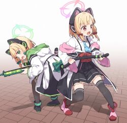 Rule 34 | 2girls, animal ear headphones, animal ears, black footwear, black skirt, black thighhighs, blonde hair, blue archive, blue necktie, bow, cat ear headphones, commentary request, fake animal ears, green bow, green eyes, hair bow, halo, headphones, highres, holding another&#039;s tail, jacket, midori (blue archive), momoi (blue archive), multiple girls, necktie, open mouth, pink footwear, red bow, red eyes, shadow, shirt, shoes, short hair, siblings, sisters, skirt, standing, tail, thighhighs, thighs, twins, white jacket, white shirt, yukie (kusaka shi), zettai ryouiki