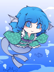 Rule 34 | 1girl, :&gt;, blue eyes, blue hair, bubble, chahan (fried rice0614), closed mouth, crab, fins, fish, full body, green kimono, head fins, highres, japanese clothes, kimono, looking at viewer, mermaid, monster girl, one-hour drawing challenge, short hair, smile, touhou, underwater, wakasagihime, wide sleeves
