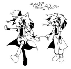 Rule 34 | ..., 2others, androgynous, animal ears, animalization, closed mouth, coat, commentary, dog, dog ears, dog tail, dual persona, greyscale, headband, holding, holding leash, kurohebi, leash, len&#039;en, ling s, monochrome, multiple others, open clothes, open coat, open mouth, other focus, pants, shirt, short hair, simple background, smile, snake, socks, spoken ellipsis, symbol-only commentary, tail, walking, white background, wristband