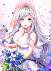 Rule 34 | 1girl, absurdres, alternate costume, azur lane, belfast (azur lane), belfast (the pledge of claddagh) (azur lane), belfast (the pledge of claddagh) (azur lane), blue eyes, blush, bouquet, braid, breasts, bridal veil, chain, cleavage, collar, cowboy shot, day, dress, earrings, flower, highres, hyangu, jewelry, large breasts, light particles, long hair, looking at viewer, multicolored eyes, open mouth, petals, red carpet, silver hair, skirt hold, sleeveless, sleeveless dress, smile, solo, straight hair, tiara, veil, wedding dress, white dress