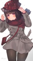 Rule 34 | 1girl, absurdres, adjusting clothes, adjusting headwear, animal ears, arms up, bag, beanie, black hair, black pantyhose, blunt bangs, blush, buttons, cat ears, coat, cowboy shot, double-breasted, fringe trim, fuyuzima, grey coat, handbag, hat, highres, long sleeves, looking at viewer, original, pantyhose, red eyes, red hat, red scarf, scarf, short hair, shoulder bag, simple background, solo, standing, tareme, twitter username, white background