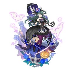 Rule 34 | 1girl, animal print, bat (animal), blue eyes, candle, clothing request, dark green hair, dragalia lost, dress, green hair, halloween, halloween costume, hat, jack-o&#039;-lantern, long hair, looking at viewer, navel, non-web source, odetta (dragalia lost), official art, saitou naoki, see-through, smile, solo, spider print, spider web print, stairs, transparent background, witch hat