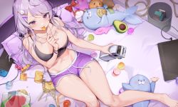 Rule 34 | 1girl, absurdres, avocado, barefoot, blush, breast tattoo, breasts, brown hair, camisole, candy, choyeon, food, fruit, hair ornament, hairclip, highres, holding, jewelry, large breasts, lollipop, long hair, looking at viewer, low twintails, nail polish, navel, necklace, original, purple eyes, purple hair, purple shorts, short shorts, shorts, sidelocks, sitting, smile, solo, stomach, swept bangs, tattoo, thighs, twintails, wristband