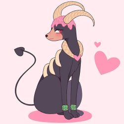 Rule 34 | aliceyawnin, blush, closed mouth, commission, creatures (company), embarrassed, food, food on head, full body, game freak, gen 2 pokemon, half-closed eyes, heart, horns, houndoom, jpeg artifacts, looking at viewer, nintendo, no humans, object on head, pink background, pokemon, pokemon (creature), red eyes, sideways mouth, simple background, sitting, solo, sprinkles