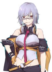 Rule 34 | 1girl, anger vein, belt, coat, eyebrows, food, food in mouth, girls&#039; frontline, glasses, gloves, hand on own hip, headphones, headphones around neck, light purple hair, looking at viewer, looking over eyewear, looking over glasses, mouth hold, necktie, pocky, red eyes, red necktie, shirt, short hair, simple background, sleeveless, sleeveless shirt, solo, sunglasses, thompson (girls&#039; frontline), tinted eyewear, unbuttoned, upper body, white background, xiujia yihuizi, yellow gloves
