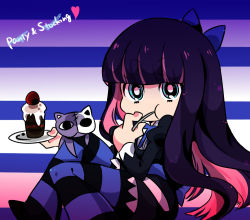 Rule 34 | 10s, 1boy, aguri (aguri0406-aoi), blue eyes, cake, cat, colored inner hair, eating, food, fork, honekoneko, honekoneko (psg), long hair, male focus, multicolored hair, official style, panty &amp; stocking with garterbelt, plate, solo, stocking (psg), striped clothes, striped thighhighs, stuffed animal, stuffed cat, stuffed toy, thighhighs, two-tone hair