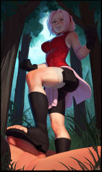 Rule 34 | 1boy, 1girl, arm warmers, ball busting, bdsm, bike shorts, black footwear, black gloves, bootjob, boots, breasts, cbt, clenched hands, crotch kick, erection, feet, femdom, footjob, forest, from below, gloves, grass, haruno sakura, headband, hetero, highres, incase, lips, looking down, naruto (series), naruto shippuuden, nature, open mouth, outdoors, penis, pink hair, pink skirt, red shirt, shirt, shoejob, shoes, short hair, shorts, shorts under skirt, skirt, sleeveless, sleeveless shirt, solo focus, standing, stepped on, toeless footwear, toes, torture, tree, uncensored