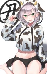 Rule 34 | 1girl, :d, absurdres, alternate costume, animal costume, animal hood, animal print, arm support, barefoot, black skirt, blush, breasts, cow costume, cow hood, cow print, feet out of frame, green eyes, groin, hair between eyes, hand up, highres, hololive, hood, hood up, horns, large breasts, looking at viewer, midriff, miniskirt, navel, open mouth, ringopan, shirogane noel, short hair, silver hair, simple background, sitting, skirt, sleeves past fingers, sleeves past wrists, smile, solo, virtual youtuber, wariza, white background