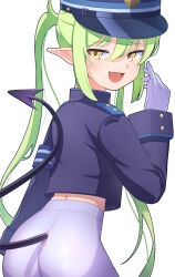 Rule 34 | 1girl, absurdres, ass, blue archive, blue shirt, commentary request, demon tail, fang, from behind, garrison cap, gloves, green hair, hair between eyes, hand up, hat, highres, long hair, long sleeves, looking at viewer, looking back, nozomi (blue archive), open mouth, pantyhose, pointy ears, shirt, simple background, skin fang, smile, solo, suke (suke oekaki), tail, twintails, upper body, white background, white gloves, white pantyhose, yellow eyes