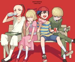Rule 34 | 1girl, 3boys, aruk, black hair, blonde hair, child, drink, eating, food, glasses, burger, hat, jeff andonuts, mother (game), mother 2, multiple boys, ness (mother 2), nintendo, paula (mother 2), poo (mother 2), ribbon, sandwich, smile