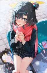 Rule 34 | 1girl, animal print, bag, black footwear, black hair, black jacket, blush, cellphone, chair, commentary, from above, hair ornament, hairclip, handkerchief, highres, holding, holding handkerchief, jacket, kinty, knees together feet apart, long sleeves, looking at viewer, notebook, on chair, open clothes, open jacket, open mouth, original, outdoors, phone, plaid, plaid skirt, pleated skirt, rabbit print, red scarf, scarf, school bag, school uniform, short hair, shoulder bag, sitting, skirt, snow, socks, solo, symbol-only commentary, white socks