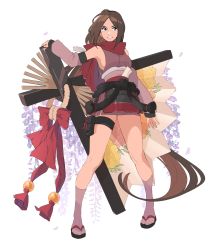Rule 34 | 1girl, absurdly long hair, azuumori, black sash, blue eyes, brown hair, colored inner hair, full body, hand fan, highres, japanese clothes, kimono, long hair, looking at viewer, low-tied long hair, multicolored hair, original, oversized object, pigeon-toed, pink legwear, pouch, red ribbon, red scarf, ribbon, sandals, sash, scarf, sengoku basara, short kimono, smile, solo, standing, tabi, tassel, thigh pouch, thigh strap, very long hair