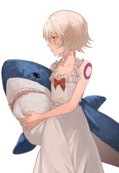 Rule 34 | 1girl, absurdres, bare shoulders, breasts, dress, facial scar, fate/apocrypha, fate/grand order, fate (series), green eyes, highres, holding, holding stuffed toy, ikea shark, jack the ripper (fate/apocrypha), looking to the side, scar, scar on cheek, scar on face, short hair, shoulder tattoo, sleeveless, sleeveless dress, small breasts, solo, stuffed animal, stuffed shark, stuffed toy, tattoo, white dress, zuraa (naunau seijin)